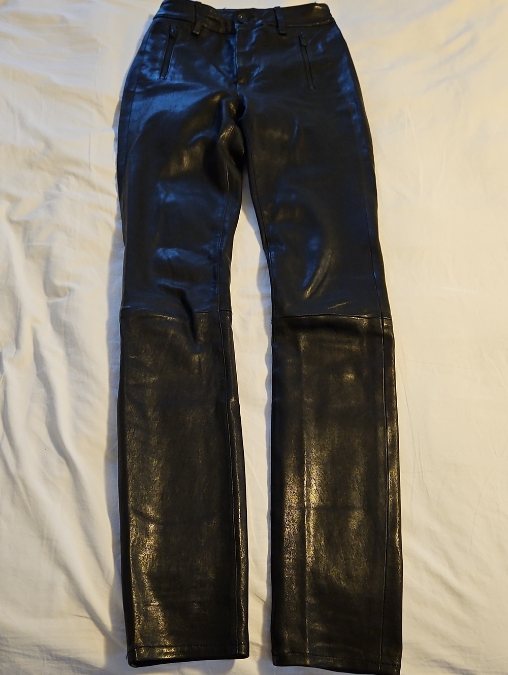 Brand Lora Super High Rise 100% Stretch Lambskin Leather Skinny Pants Black 25
